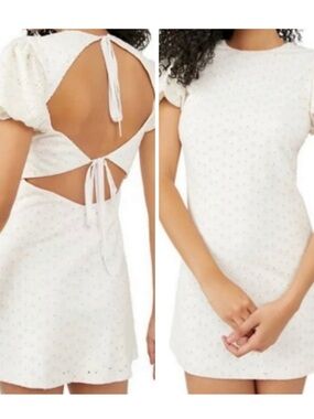 Free People White Eyelet Backless Puff Sleeve Mini Dress